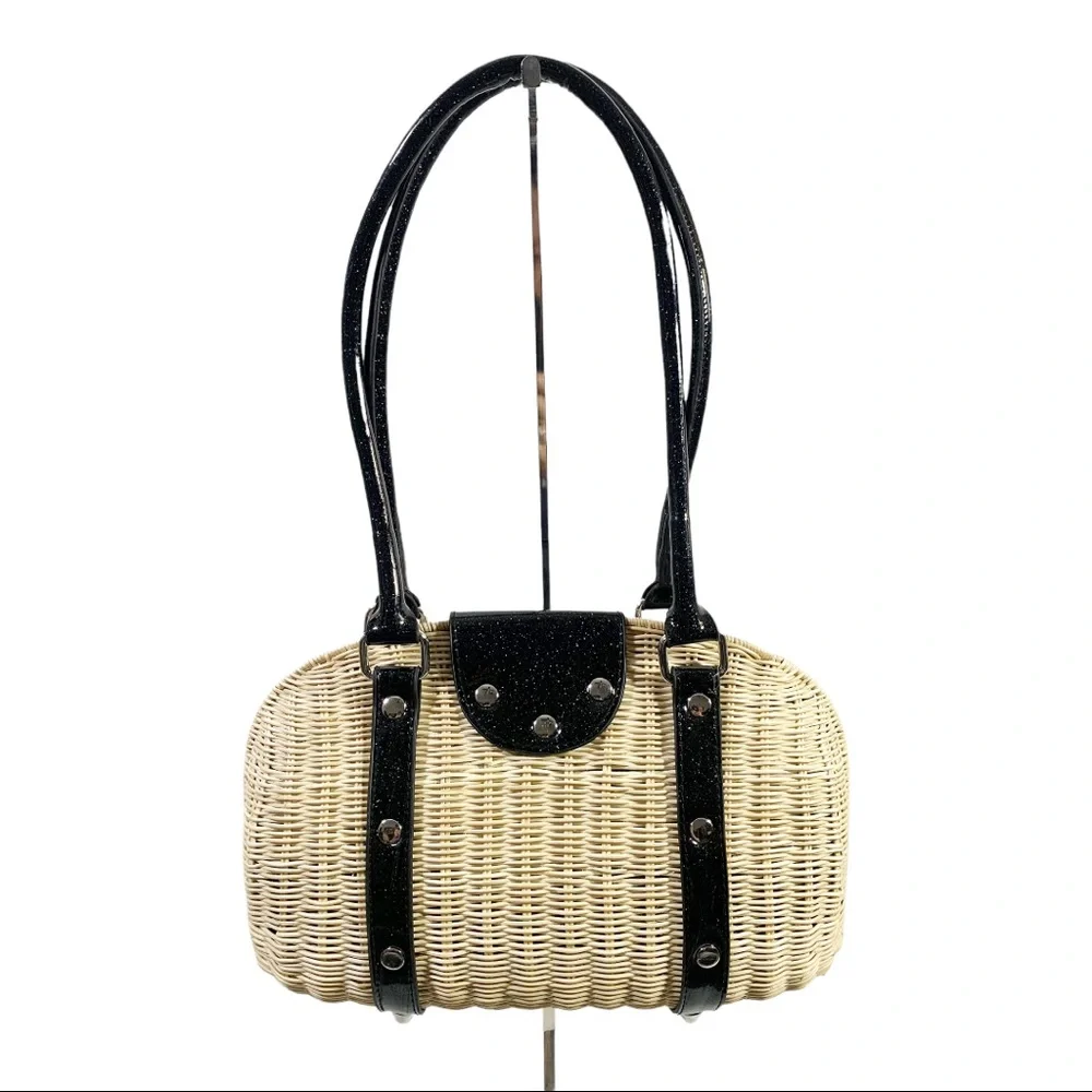 Lux De Ville Purse Romeo Handbag Tote Natural Straw and Sparkle Jet Black - Picture 2 of 5